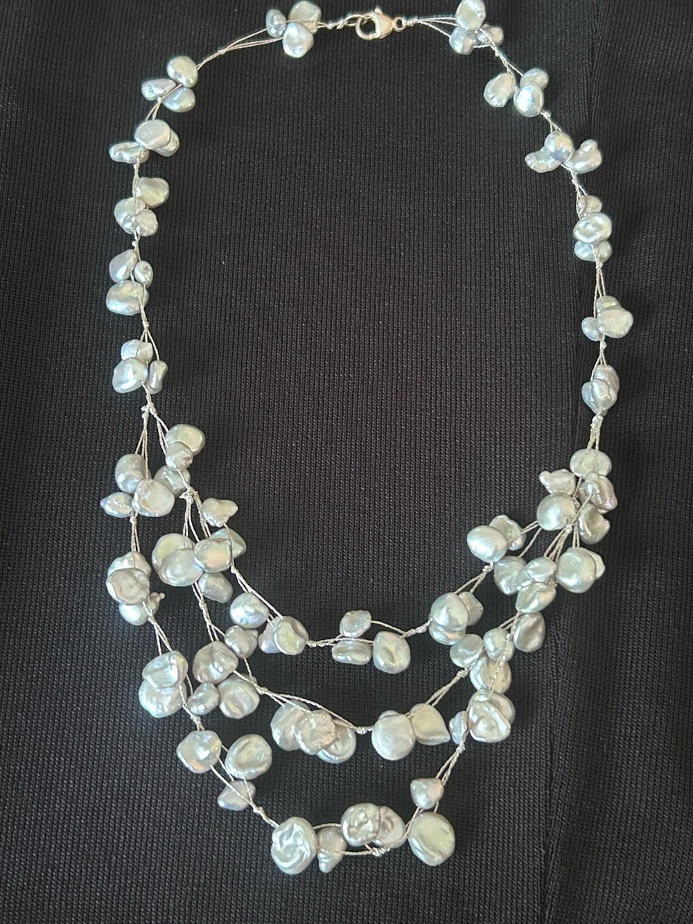 Vintage Multi Strand Floating Pearl Illusion Necklace Grey Keshi Baroque 925